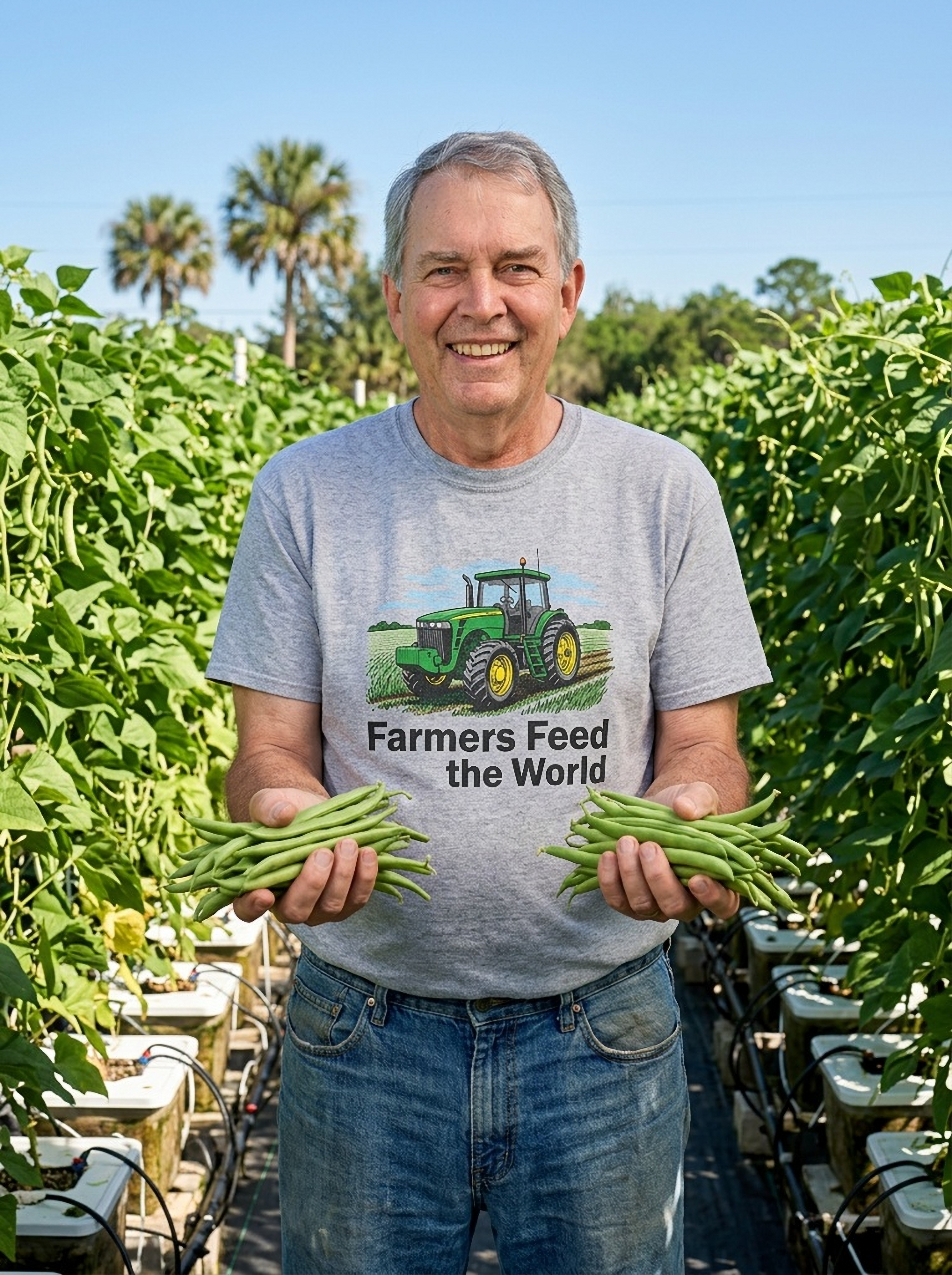 Paul Perkins, founder of Sun Hydroponics, holding fresh green beans from his hydroponic garden