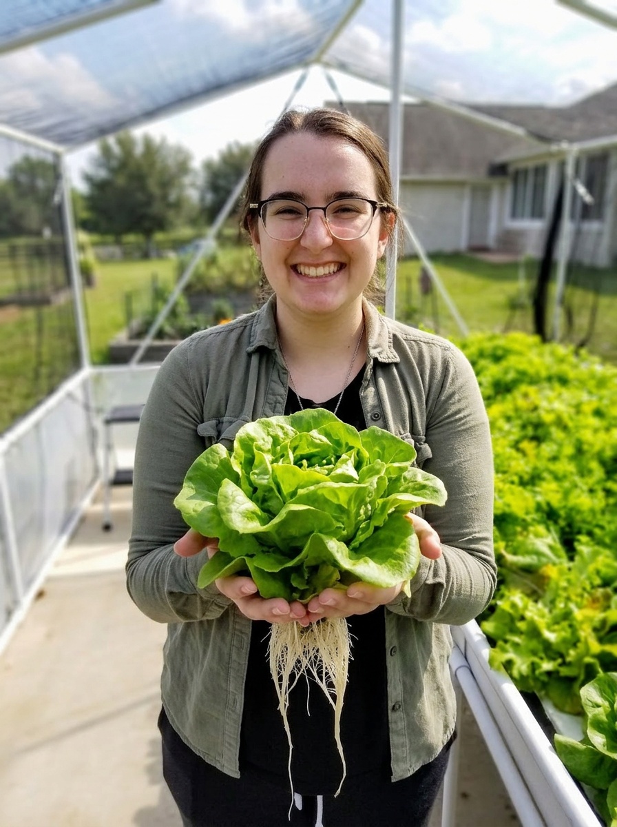 Rebecca Perkins, Marketing Director at Sun Hydroponics, holding a head of hydroponic lettuce in the greenhouse